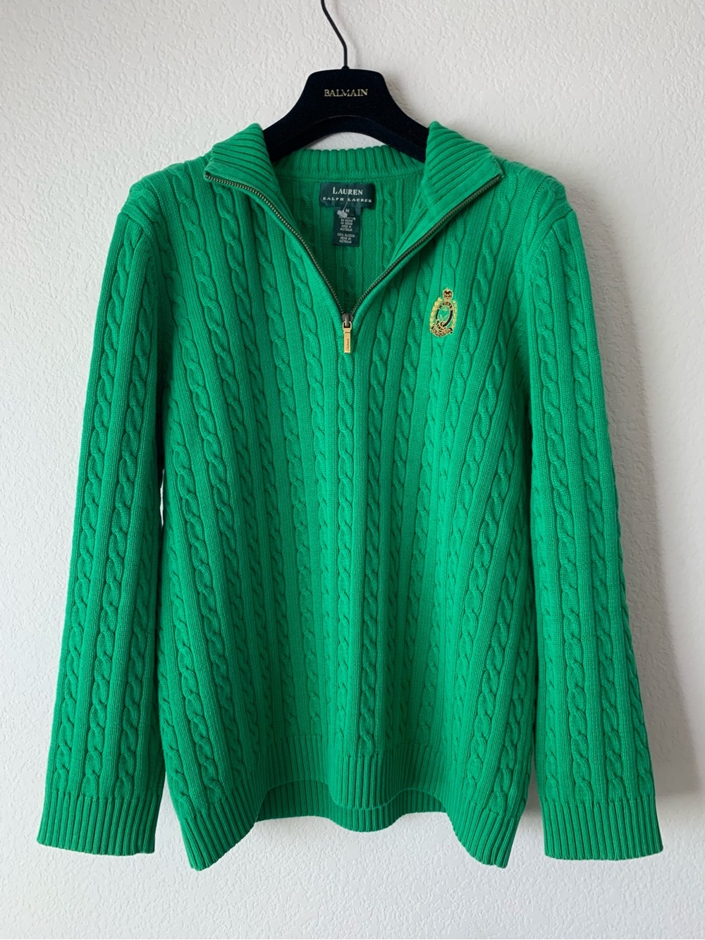 Ralph Lauren made in Australia green cable knit half zip sweater 100% cotton